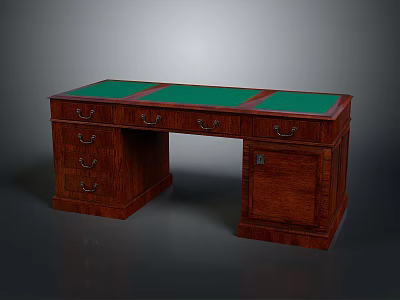 Classic Wooden Office Desk With Green Top Multiple Drawers And Storage Cabinet 3d model
