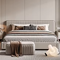 Modern Double Bed With Gray Bedding Bedside Tables Table Lamp Decorative Pillows And Bench 3d model