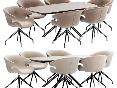 Modern Rectangular Dining Table Set With Light Colored Chairs And Metal Legs 3d model