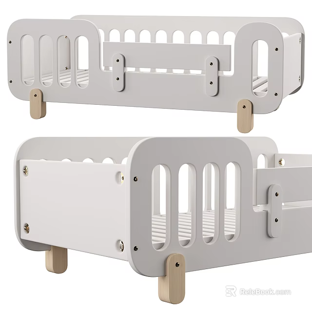 Modern White Wooden Kids Bed With Safety Rail Sturdy Frame And Natural Legs 3d model 
