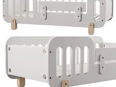 Modern White Wooden Kids Bed With Safety Rail Sturdy Frame And Natural Legs 3d model
