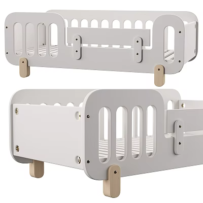 Modern White Wooden Kids Bed With Safety Rail Sturdy Frame And Natural Legs 3d model