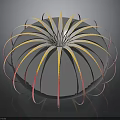 Spherical Decorative Sculpture With Mirrored Surface And Radial Yellow Pink Strips