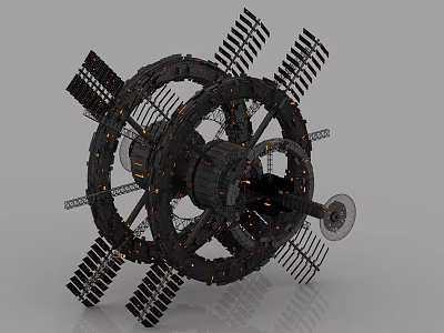 Cartoon Sci Fi Scene With Ring Shaped Mechanical Structure Solar Panels And Glowing Orange Core 3d model