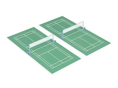 Indoor Badminton Court with Two Green Playing Surfaces White Lines and Net Posts 3d model