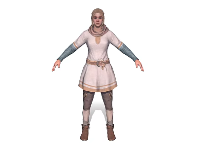 Blonde Female Fantasy Game Character In White Dress With Blue Sleeves Brown Belt And Boots 3d model