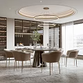 Modern Restaurant Interior With Circular Dining Table Beige Chairs Large Windows And City View 3d model