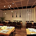Modern Restaurant Interior Featuring Long Tables Black Chairs Wooden Floors Pendant Lights And Open Kitchen