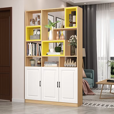 Modern Entryway Console Side Cabinet With Yellow Shelves White Doors Books And Decorative Plants 3d model