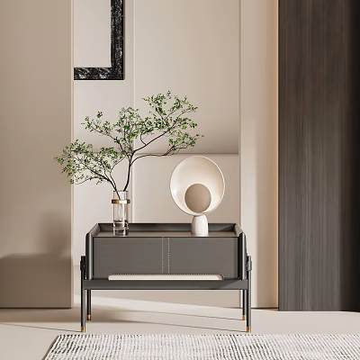 Modern Minimalist Bedside Table With Glass Vase Green Plant And Round Decor 3d model