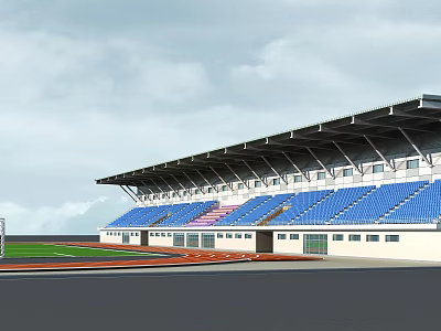 Modern Stadium Stand with Blue Seats Running Track and White Building Structure 3d model