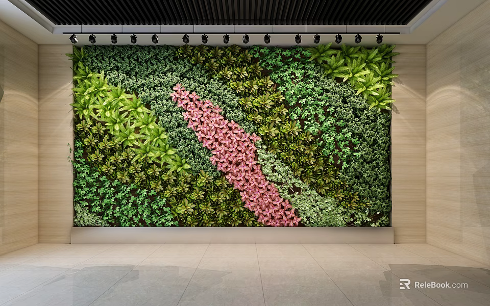 Indoor Living Greenery Wall With Variety Of Plants And Pink Flowers 3d model 