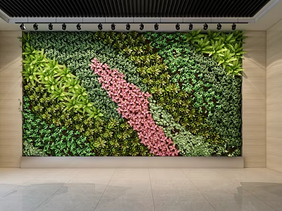 Indoor Living Greenery Wall With Variety Of Plants And Pink Flowers 3d model