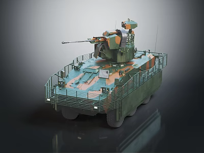 Military Armored Vehicle With Camouflage Paint Top Mounted Weapon And Protective Rails 3d model