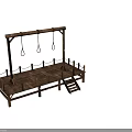 Rustic Wooden Platform Structure With Hanging Rings Fence Rails And Stairs