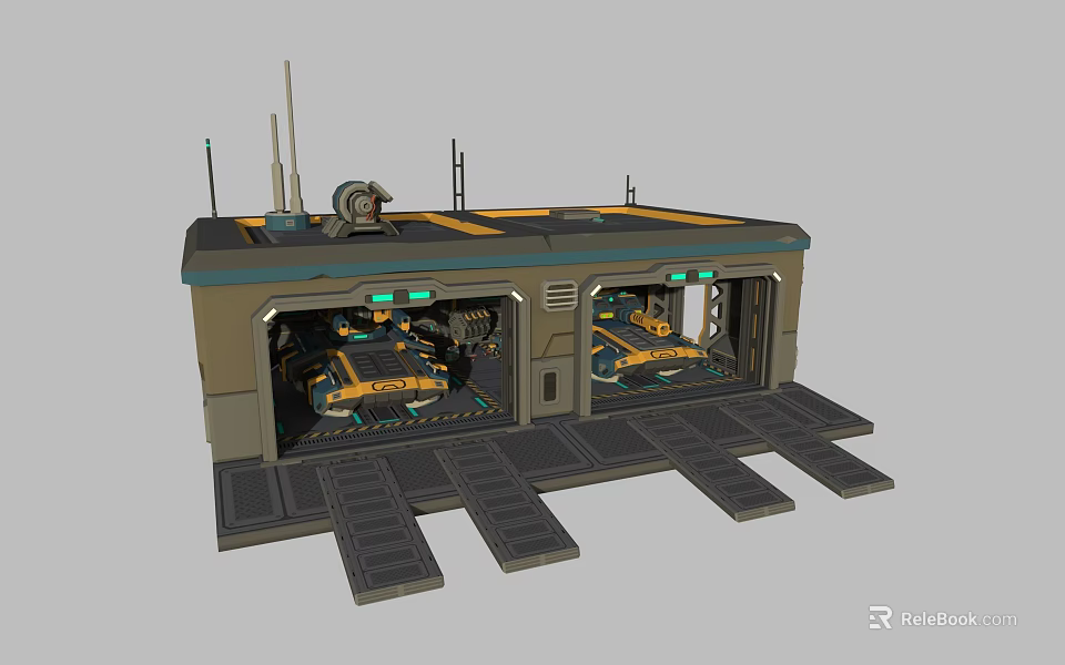 Armored Weapons Parked In Dual Bay Military Depot With Top Antennas And Equipment 3d model 