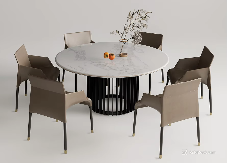 Modern Round Marble Dining Table Set with Black Base Six Light Brown Chairs and Tabletop Decor 3d model