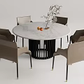 Modern Round Marble Dining Table Set with Black Base Six Light Brown Chairs and Tabletop Decor 3d model