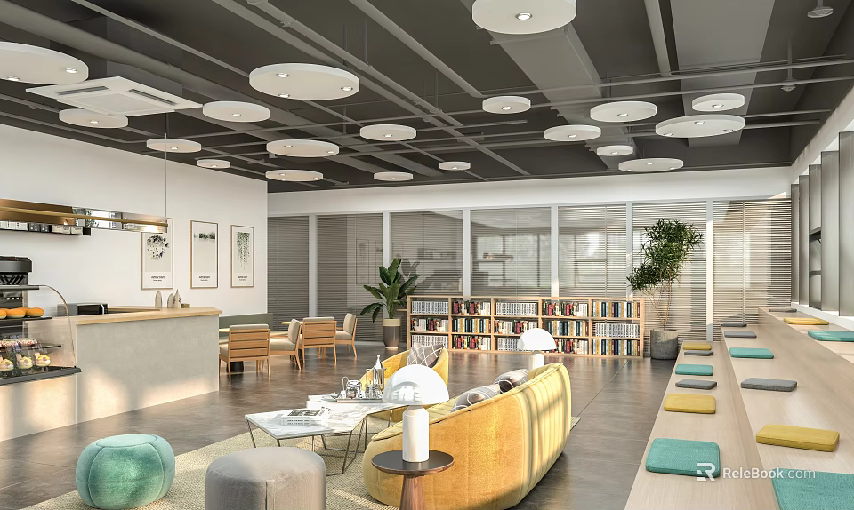 Modern Lounge Interior With Yellow Sofa Bookshelf Plants Large Windows And Ceiling Lights 3d model 