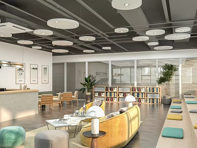 Modern Lounge Interior With Yellow Sofa Bookshelf Plants Large Windows And Ceiling Lights 3d model