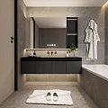 Modern Bathroom With Gray Marble Wall Bathtub Shower Enclosure Vanity Toilet Green Plant And Towel