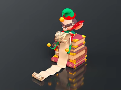 Christmas Elf With Green Hat Sitting On Stacked Books And Unfurled Scroll 3d model