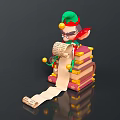 Christmas Elf With Green Hat Sitting On Stacked Books And Unfurled Scroll