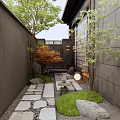Japanese Style Courtyard Garden With Stone Path Green Plants And Wooden Lanterns