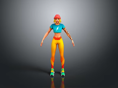 Game Movie Character Featuring Red Short Hair Blue T-shirt Lightning Bolt Yellow Pants Roller Skates 3d model