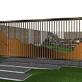 Modern Garden Fence Design With Vertical Metal Slats Backdrop Of Hills Buildings Grass Stone Pathway