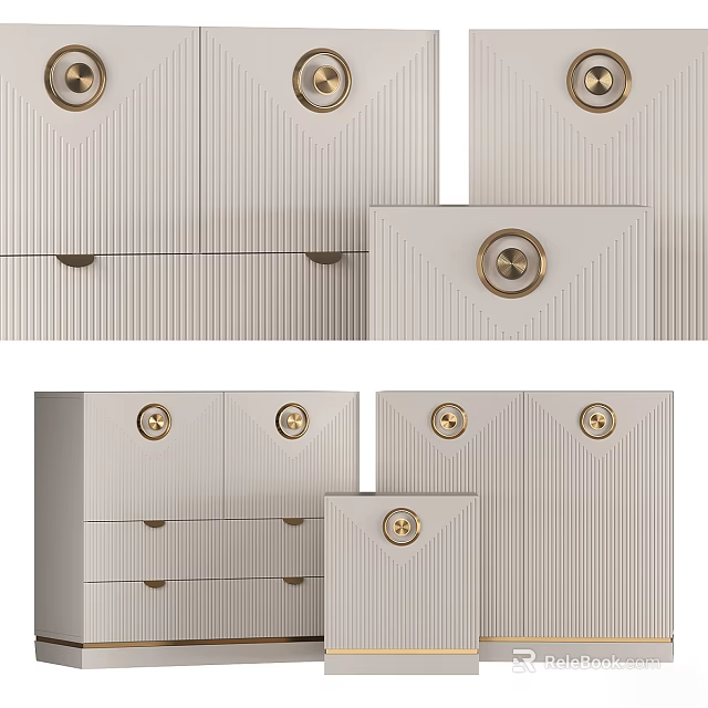 Elegant Light Grey Chest Of Drawers With Ribbed Design And Gold Knobs 3d model 