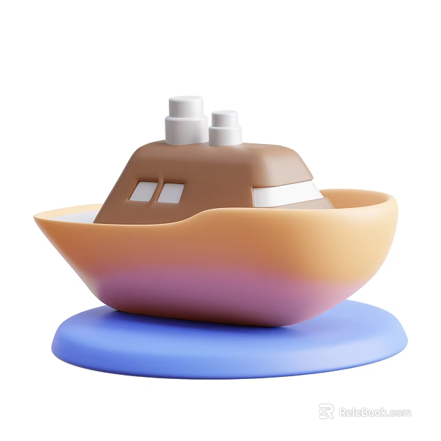 Colorful Cartoon Yacht 3D Model With Brown Orange Hull And White Chimneys On Blue Base 3d model 