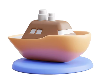 Colorful Cartoon Yacht 3D Model With Brown Orange Hull And White Chimneys On Blue Base 3d model
