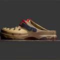 Beige Rubber Clogs With Red Straps Blue Buckles And Perforated Design On Wooden Platform
