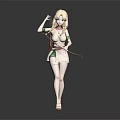 3D Blonde Female Character In White Green Outfit Holding Bow And Arrow Dark Background