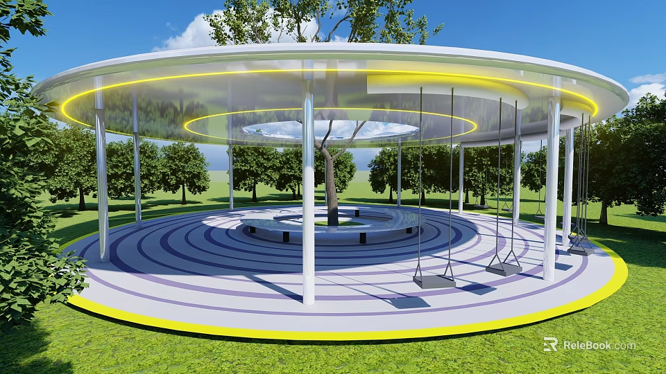 Circular Pergola With Transparent Roof White Columns Central Tree Swings And Green Lawn Background 3d model 