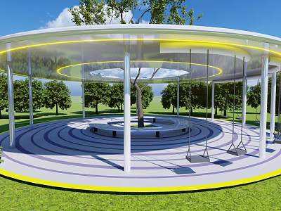 Circular Pergola With Transparent Roof White Columns Central Tree Swings And Green Lawn Background 3d model