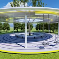 Circular Pergola With Transparent Roof White Columns Central Tree Swings And Green Lawn Background