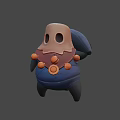 Cartoon Game Character With Beige Head Black Hollow Eyes Large Hat Blue Outfit Orange Ornaments