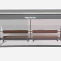 Modern Bus Stop Shelter Exterior With Glass Walls Gray Frame And Wooden Benches