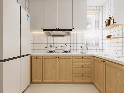 Modern Kitchen Interior With White And Wooden Cabinets White Tiled Walls And Appliances 3d model