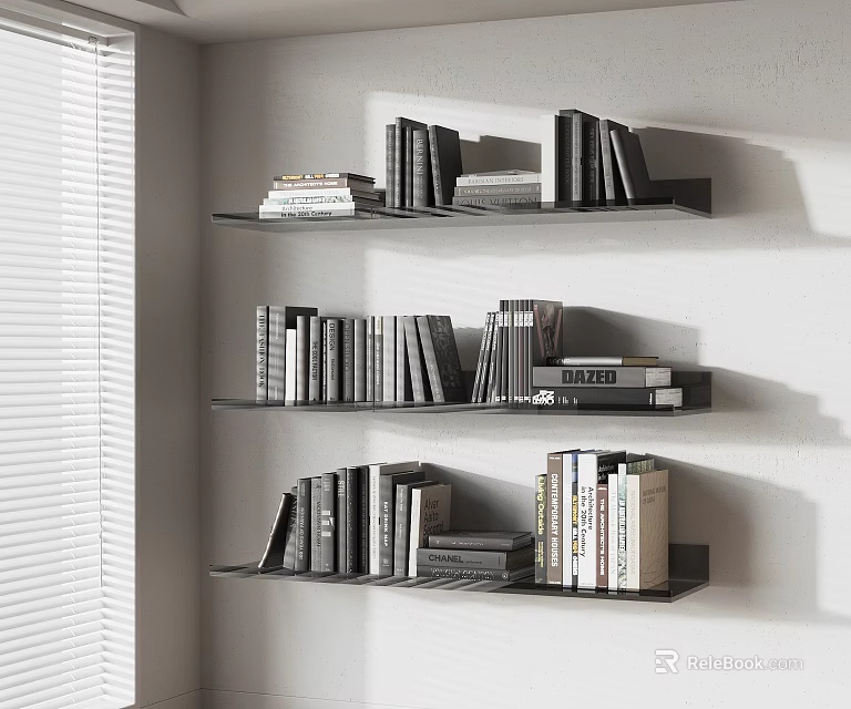 Neatly Arranged Books on Black Shelves Against White Wall and Window Blinds 3d model 