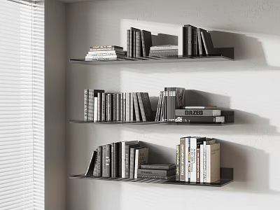 Neatly Arranged Books on Black Shelves Against White Wall and Window Blinds 3d model