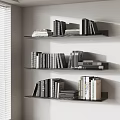 Neatly Arranged Books on Black Shelves Against White Wall and Window Blinds