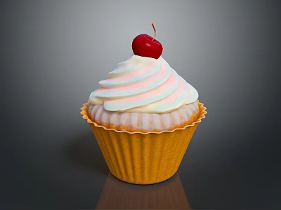 Homemade Sweet Cupcake With White Swirl Frosting And Red Cherry On Yellow Paper Cup 3d model