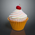 Homemade Sweet Cupcake With White Swirl Frosting And Red Cherry On Yellow Paper Cup