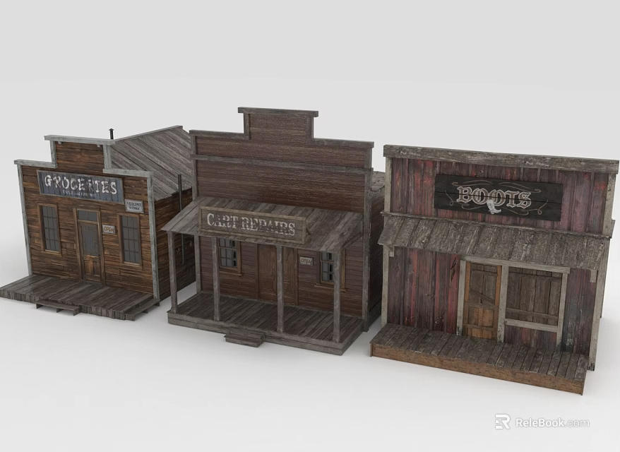 Three Western Style Wooden Storefront Houses With Bank Hardware Boots Signs And Porches 3d model 
