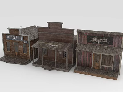 Three Western Style Wooden Storefront Houses With Bank Hardware Boots Signs And Porches 3d model