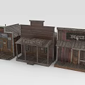 Three Western Style Wooden Storefront Houses With Bank Hardware Boots Signs And Porches