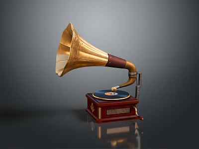Vintage Gramophone With Golden Horn Red Base And Black Record For Home Decor 3d model